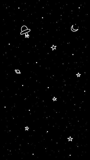 Minimalist Doodle Space Wallpaper with Stars, Moon, and UFO on Black Background HD phone wallpaper