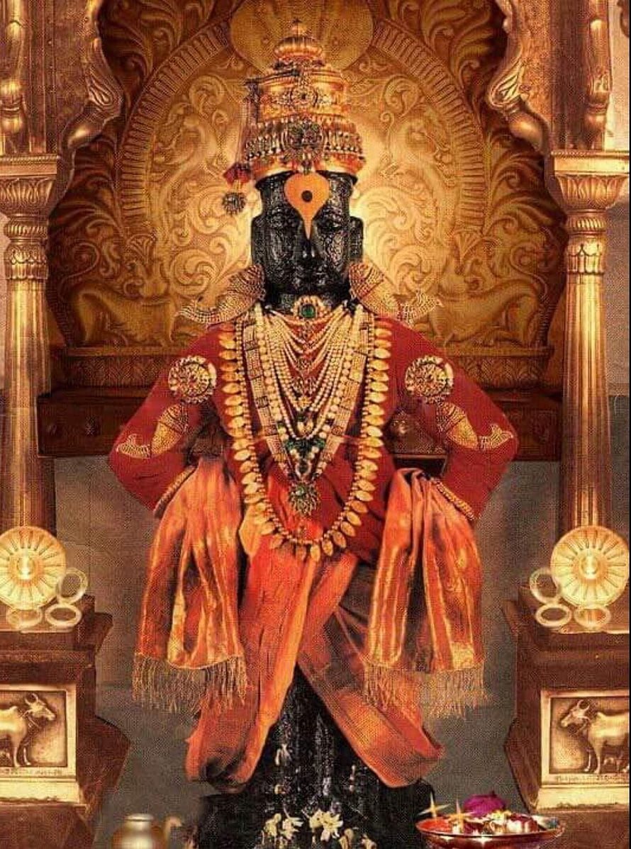 Vittal Pandurang Hindu Deity Statue Adorned in Gold Jewelry and Red Garments HD phone wallpaper