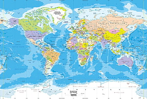Detailed Political World Map with Country Borders and Ocean Labels HD wallpaper