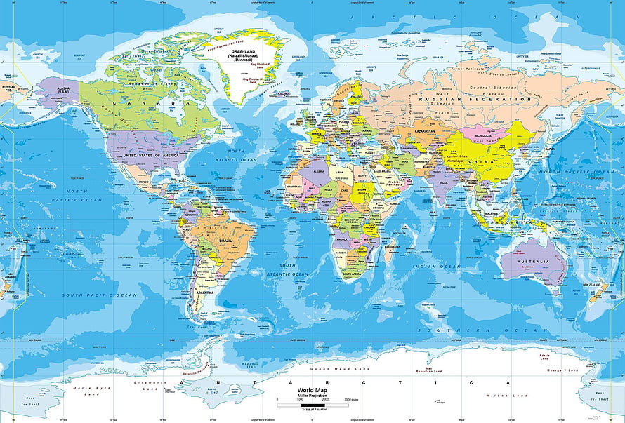 Detailed Political World Map with Country Borders and Ocean Labels HD wallpaper