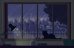 Pixel Art Rainy Night Cityscape with Cat Silhouette and Desk Lamp HD wallpaper