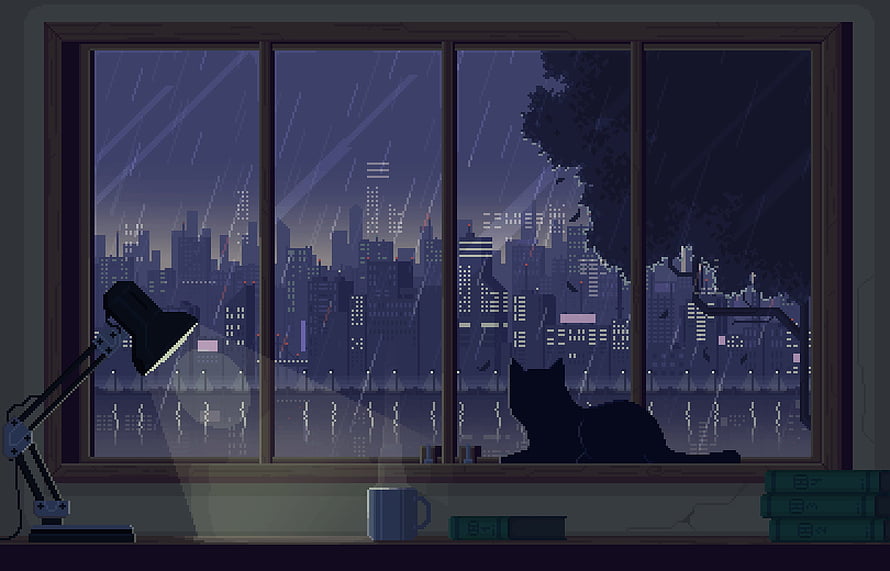 Pixel Art Rainy Night Cityscape with Cat Silhouette and Desk Lamp HD wallpaper
