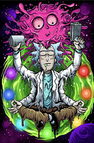 Rick Sanchez Meditating with Pink Brain Entity in Psychedelic Rick and Morty Art HD phone wallpaper