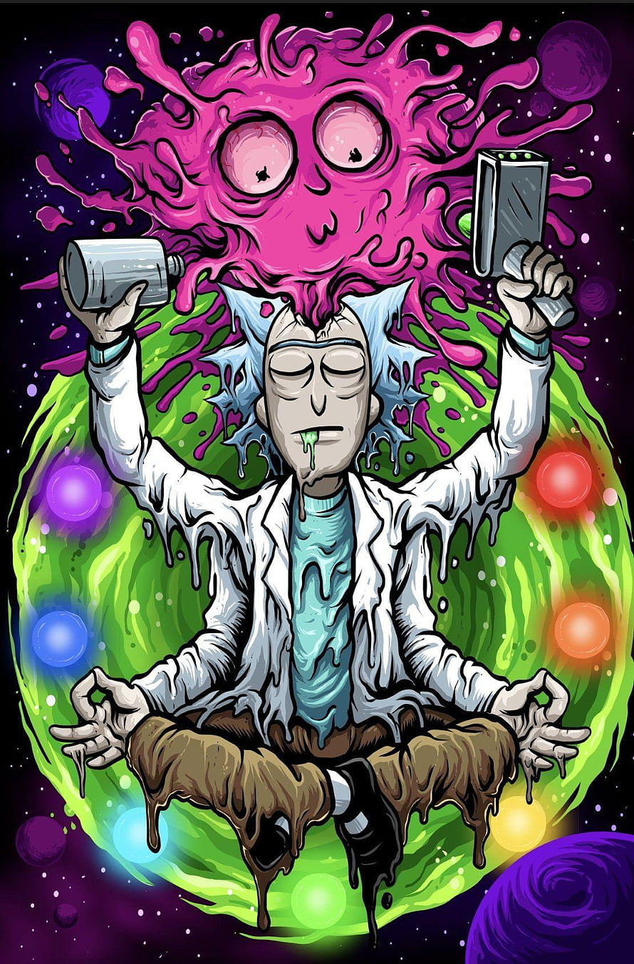 Rick Sanchez Meditating with Pink Brain Entity in Psychedelic Rick and Morty Art HD phone wallpaper