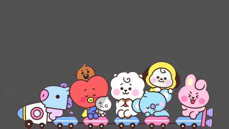 BT21 Characters Riding a Colorful Toy Train on a Dark Background HD wallpaper