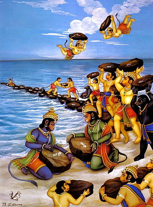 Ramayana Bridge Construction Scene with Vanara Army and Lord Rama HD phone wallpaper