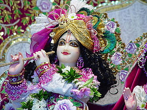 Banke Bihari Deity Ornamented With Flowers, Jewelry, and Traditional Temple Attire HD wallpaper
