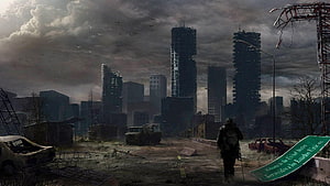 Post-Apocalyptic Cityscape with Lone Survivor Walking Through Ruined Urban Street HD wallpaper