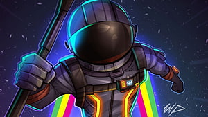 Stylized Astronaut in Neon Space Suit Holding Pole Against Dark Starry Background HD wallpaper