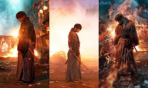Rurouni Kenshin Samurai Standing in Burning Village with Katana HD wallpaper