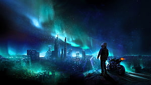 Juice Wrld Aesthetic Cityscape with Aurora Borealis and Motorcycle HD wallpaper