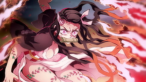 Nezuko Kamado Demon Form with Glowing Eyes and Bamboo Cuff in Fiery Anime Art HD wallpaper