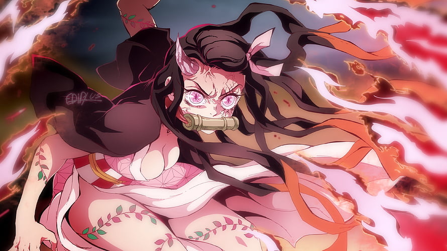 Nezuko Kamado Demon Form with Glowing Eyes and Bamboo Cuff in Fiery Anime Art HD wallpaper