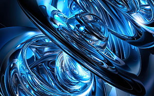 Abstract Blue Liquid Metal 3D Render with Swirling Chrome Forms and Glossy Reflections HD wallpaper