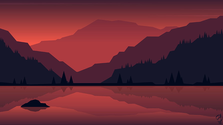 Minimalist Red Mountain Lake Landscape with Pine Tree Silhouettes and Water Reflection HD wallpaper