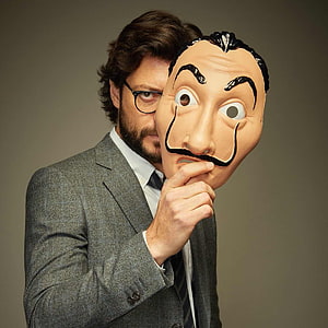 The Professor from Money Heist Holding a Dalí Mask in a Grey Suit HD phone wallpaper