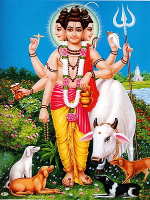 Guru Dattatreya with White Bull, Dogs, and Trishula in Vibrant Indian Temple Art HD phone wallpaper