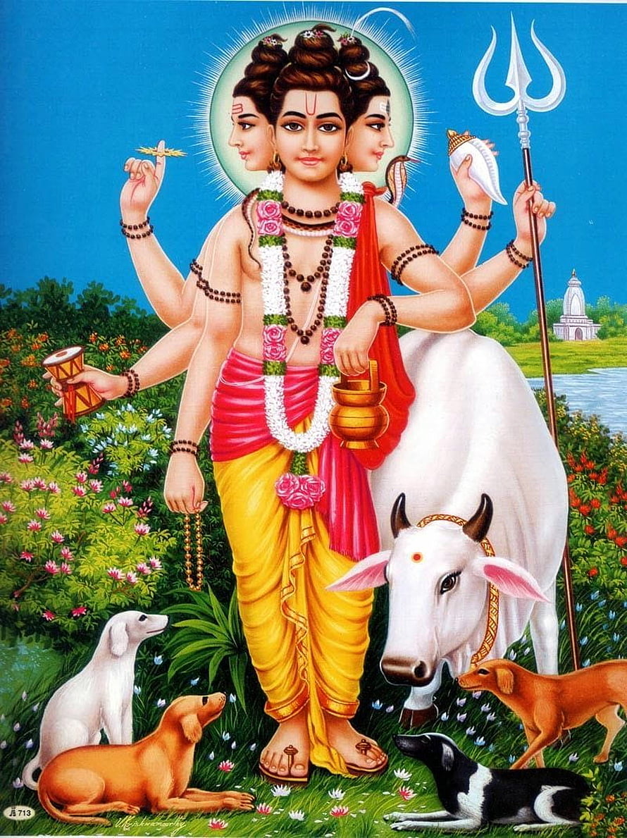 Guru Dattatreya with White Bull, Dogs, and Trishula in Vibrant Indian Temple Art HD phone wallpaper