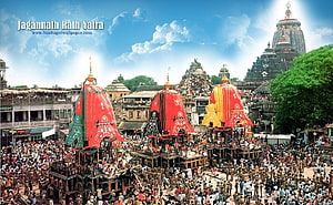 Jagannath Rath Yatra Festival in Puri with Three Ornate Chariots and Crowds HD wallpaper