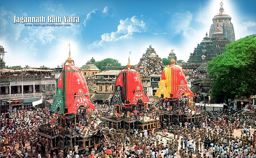 Jagannath Rath Yatra Festival in Puri with Three Ornate Chariots and Crowds HD wallpaper