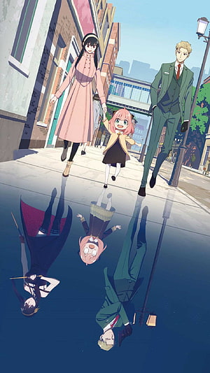 Spy x Family anime trio walking on a city street with dramatic water reflections HD phone wallpaper