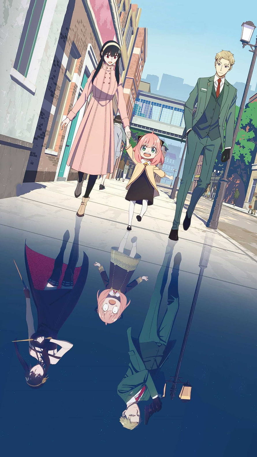 Spy x Family anime trio walking on a city street with dramatic water reflections HD phone wallpaper