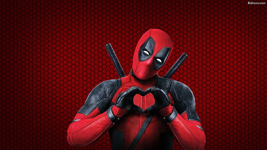 Deadpool Making a Heart Shape with Hands Against a Red Hexagonal Background HD wallpaper