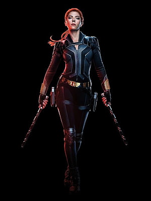 Black Widow in tactical combat suit holding dual batons against a dark background HD phone wallpaper