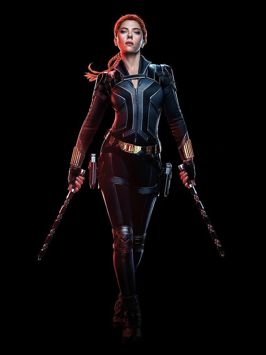 Black Widow in tactical combat suit holding dual batons against a dark background HD phone wallpaper