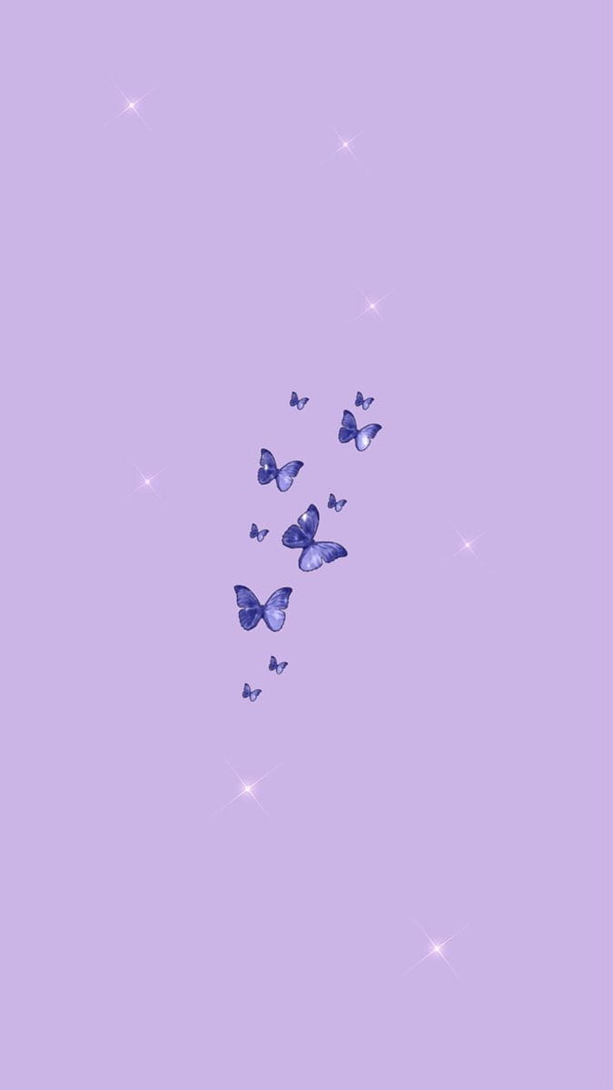 Dreamy Lavender Sky with Floating Blue Butterflies and Sparkling Starbursts HD phone wallpaper
