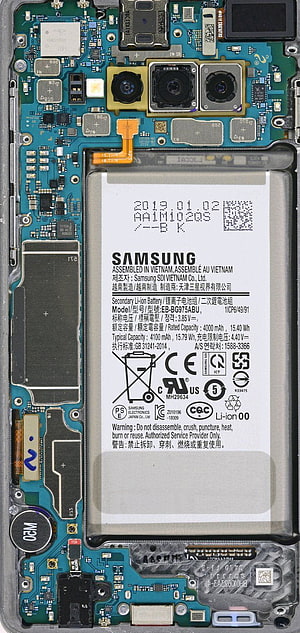 Samsung Galaxy S10 Internal Hardware Layout with Triple Camera Module and Battery HD phone wallpaper