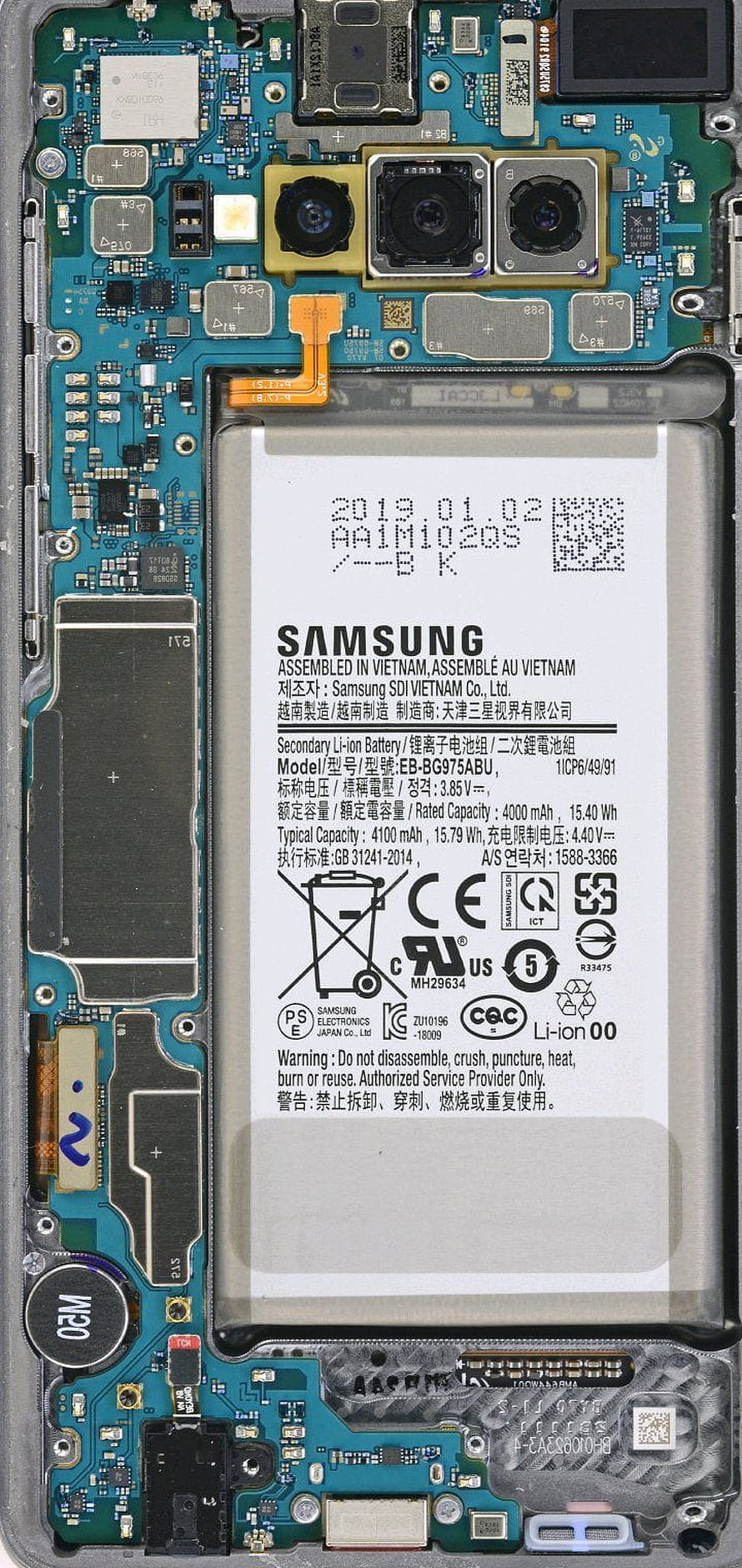 Samsung Galaxy S10 Internal Hardware Layout with Triple Camera Module and Battery HD phone wallpaper