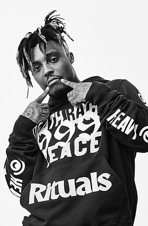 Juice Wrld Black and White Portrait Wearing Death Rituals Peace 99 Hoodie HD phone wallpaper