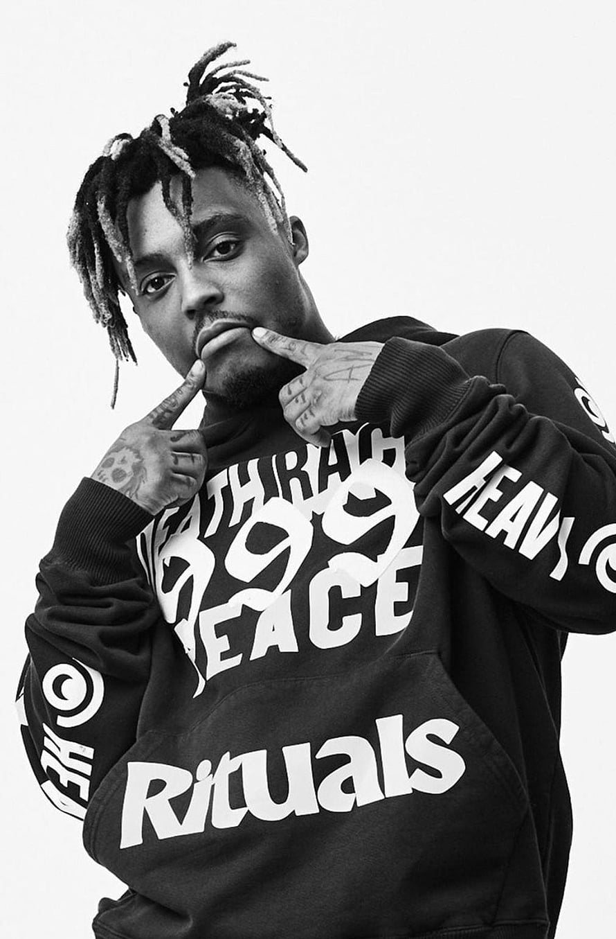 Juice Wrld Black and White Portrait Wearing Death Rituals Peace 99 Hoodie HD phone wallpaper