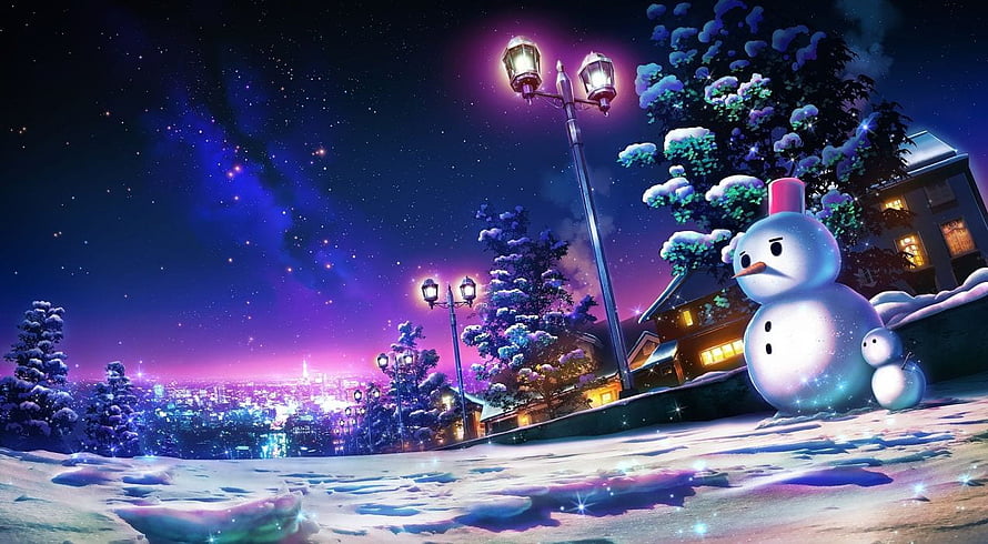 Anime Winter Night Scene with Snowman and Glowing City Lights HD wallpaper