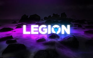 Lenovo Legion Gaming Logo on Misty Rocky Terrain with Neon Purple and Blue Glow HD wallpaper