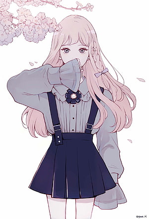 Kawaii Anime Girl in School Uniform Under Cherry Blossoms HD phone wallpaper