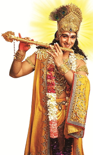 Mahabharat Star Plus Krishna Character Portrait with Flute and Peacock Crown HD phone wallpaper