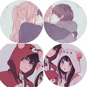 Anime Couple Profile Picture Set With Bear Hoodies And Romantic Kiss Scenes HD phone wallpaper