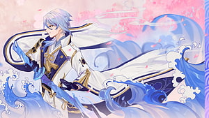Kamisato Ayato wielding a water blade in a white and blue outfit against a pink cherry blossom background HD wallpaper