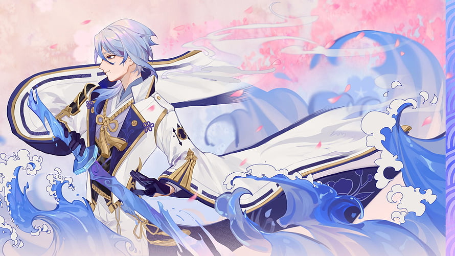 Kamisato Ayato wielding a water blade in a white and blue outfit against a pink cherry blossom background HD wallpaper