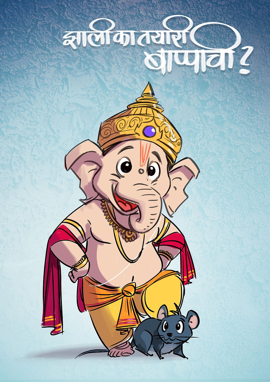 Cute Cartoon Lord Ganesha With Mouse On Light Blue Background HD phone wallpaper