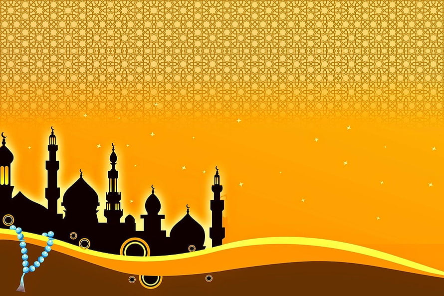 Islamic Mosque Silhouette with Prayer Beads and Geometric Pattern on Golden Background HD wallpaper