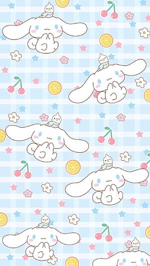 Cute Cinnamoroll and Bird Pattern on Pastel Blue Gingham Background HD phone wallpaper
