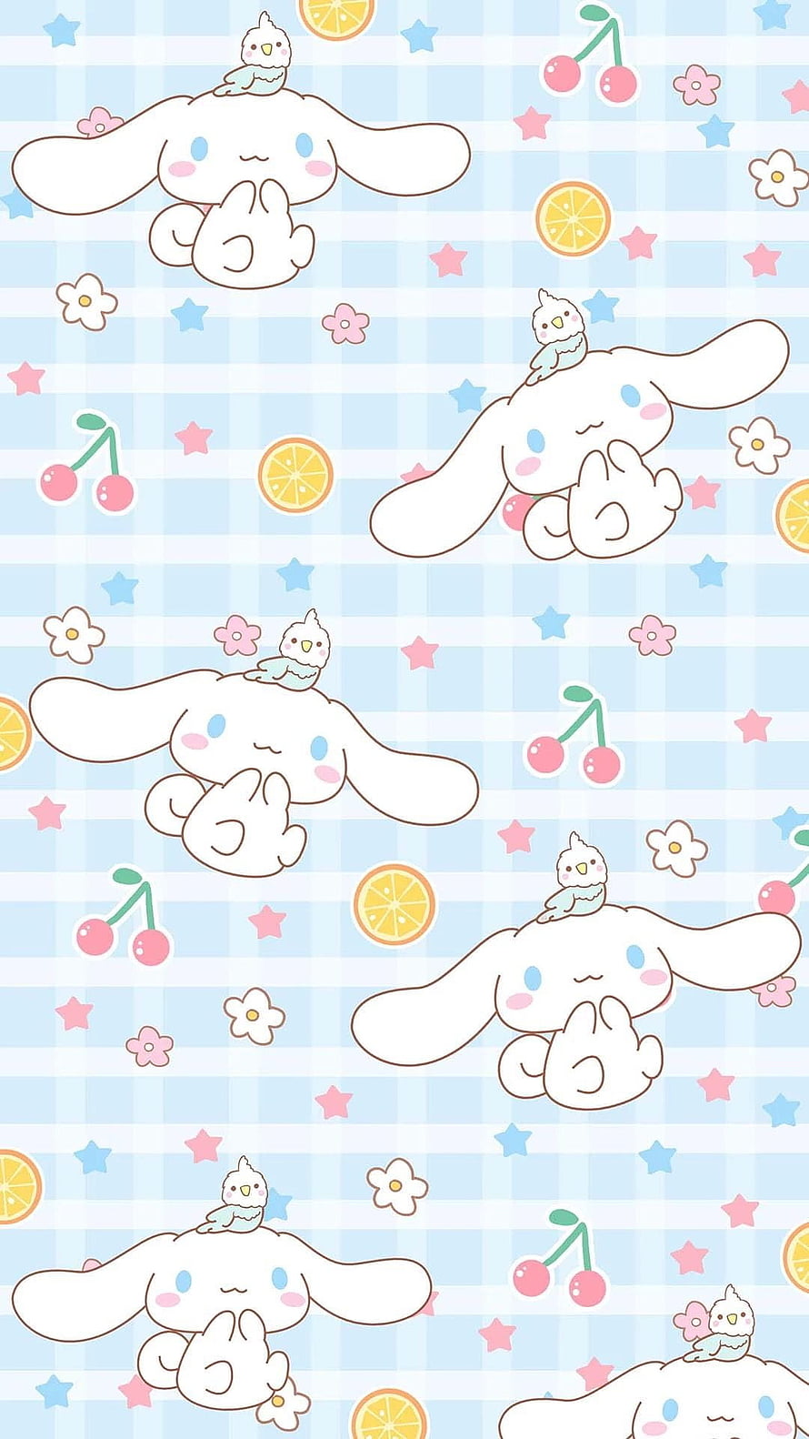 Cute Cinnamoroll and Bird Pattern on Pastel Blue Gingham Background HD phone wallpaper