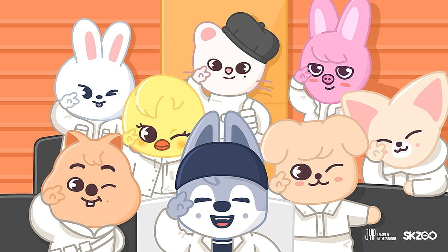 SKZOO Cute Animal Characters Group Portrait in White Outfits HD wallpaper