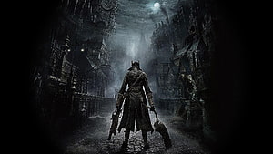 Bloodborne Hunter Standing in Dark Gothic City Under Moonlight HD wallpaper