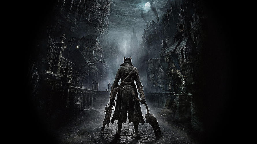 Bloodborne Hunter Standing in Dark Gothic City Under Moonlight HD wallpaper