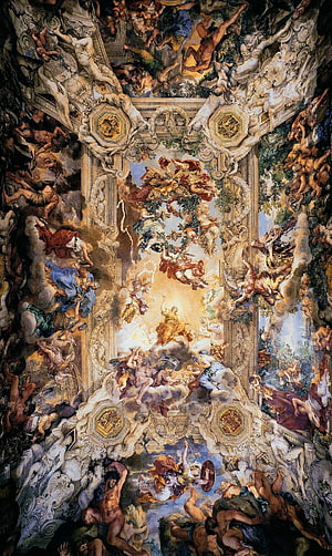 Baroque Ceiling Fresco with Mythological Figures and Ornate Architectural Details HD phone wallpaper