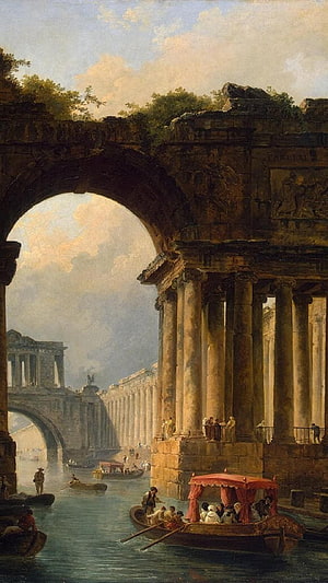 Classical Roman Archway and Aqueduct Over a River with Boats and Figures HD phone wallpaper